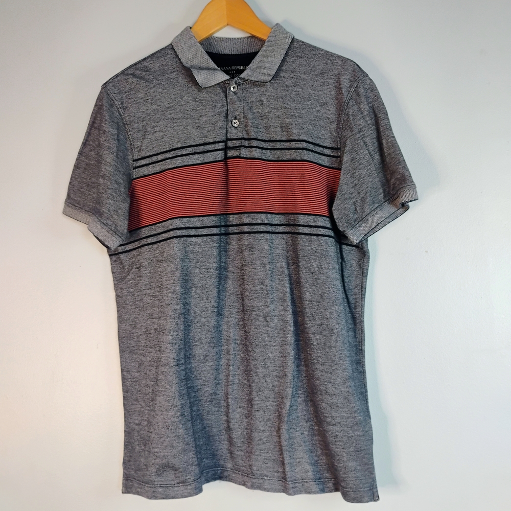 Banana Republic Heathered Gray Polo with Red Stripe 100% Organic Cotton Size M